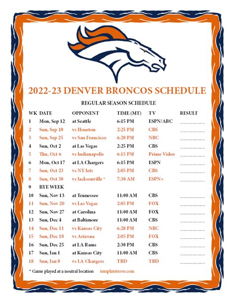 Download and Print Broncos Schedule